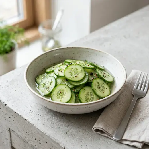 Salada de pepino caseira com fatias finas de pepino, cebola roxa e endro numa taça