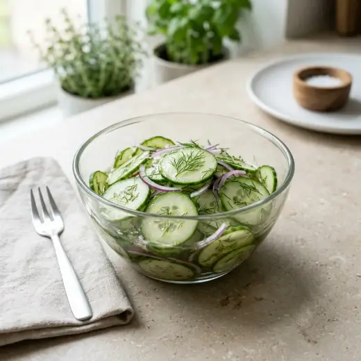 Salada de pepino em rodelas finas com cebola roxa e orégãos numa taça