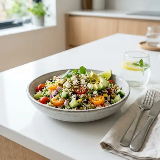 Salada de quinoa com cubos de pepino, tomate, cebola roxa, queijo feta e salsa numa taça