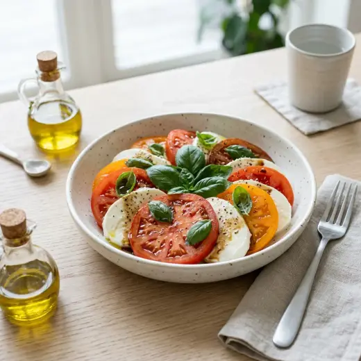 Salada de tomate com mozzarella e manjericão numa travessa, regada com azeite