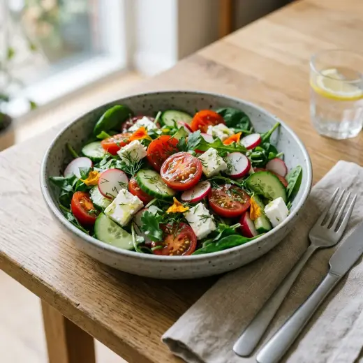 Salada de verão com tomate, pepino, cebola roxa, queijo feta e azeitonas pretas numa saladeira