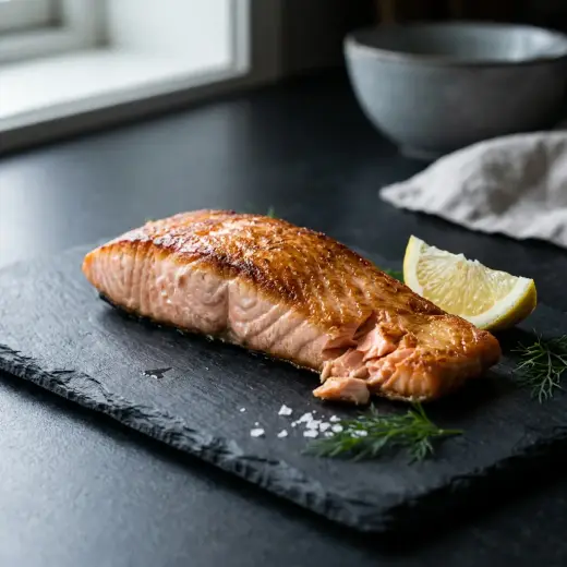 Salmão congelado na air fryer, dois lombos dourados com gomos de limão