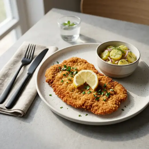 Schnitzel vienense na air fryer com panado dourado e gomos de limão