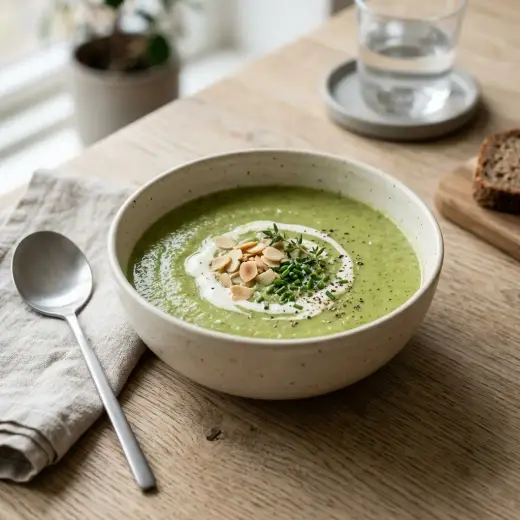 Sopa de brócolos cremosa e verde numa taça, com um fio de azeite por cima