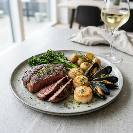 Surf and turf com bife de lombo, camarões salteados e salsa picada