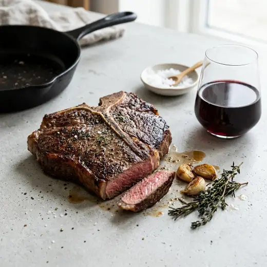 T-bone steak na frigideira com crosta dourada, manteiga, alho e ramos de alecrim