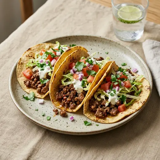 Tacos com carne de vaca, recheados com carne picada, alface, tomate e queijo ralado