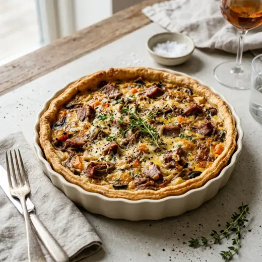 Tarte salgada de pato dourada com queijo gratinado, cortada em fatias