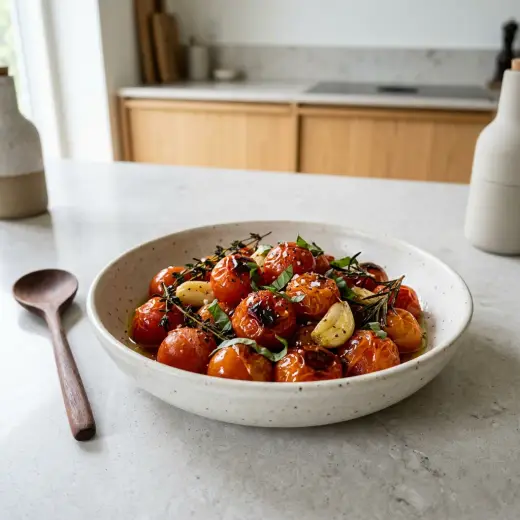 Tomate-cereja na air fryer com a pele estalada, alho e orégãos