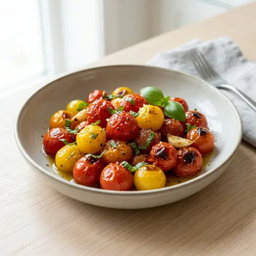 Tomates na air fryer com a pele estalada, alho e orégãos