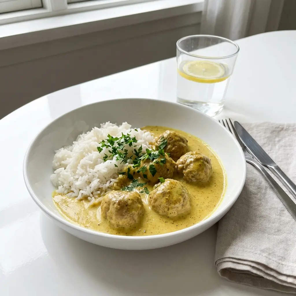 Receita de Almôndegas com caril clássico pronta a servir como prato caseiro