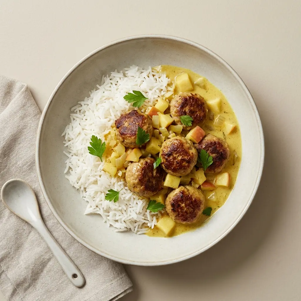 Receita de Almôndegas com caril e arroz pronta a servir como prato caseiro