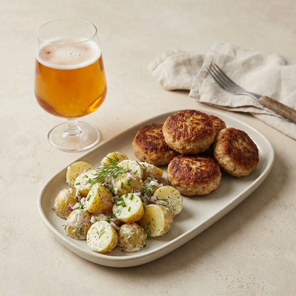 Receita de Almôndegas dinamarquesas com salada fria de batata servida como salada fresca