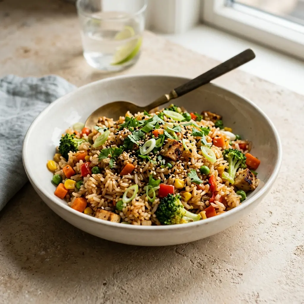 Receita de Arroz frito vegetariano pronta a servir como prato caseiro
