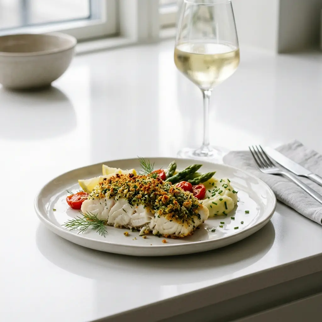 Receita de Bacalhau com crosta de ervas pronta a servir como prato caseiro