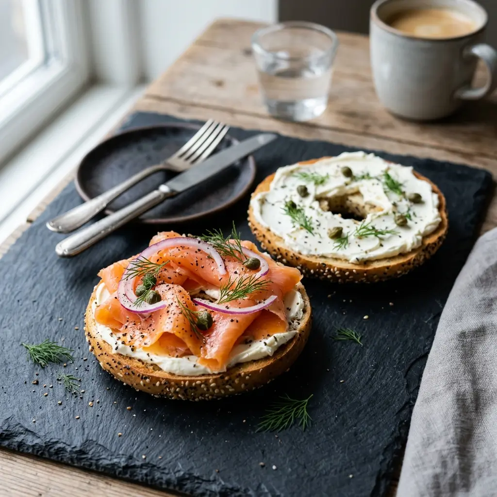 Receita de Bagel com salmão e queijo-creme servida quente numa taça