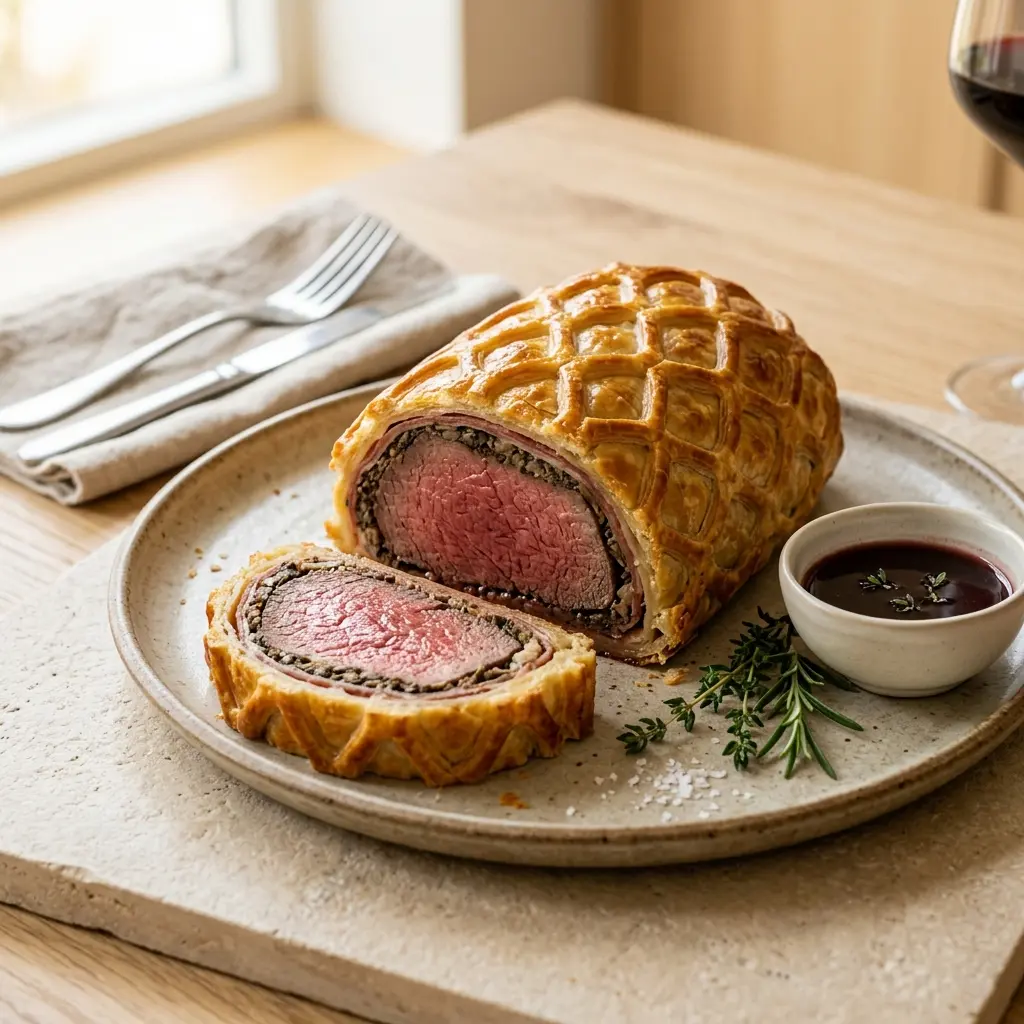 Receita de Beef Wellington pronta a servir como prato caseiro