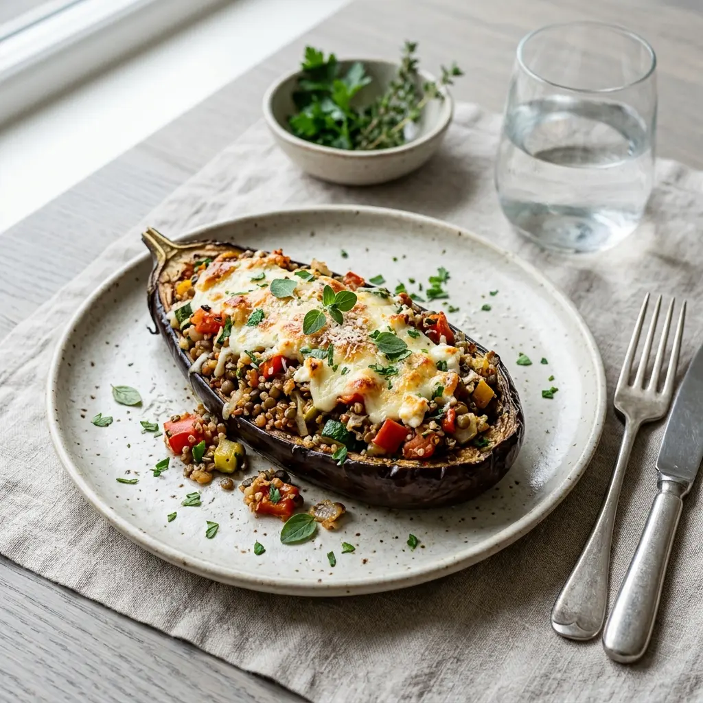 Receita de Beringela recheado vegetariano pronta a servir como prato caseiro