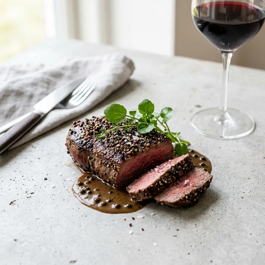 Receita de Bife com pimenta pronta a servir como prato caseiro