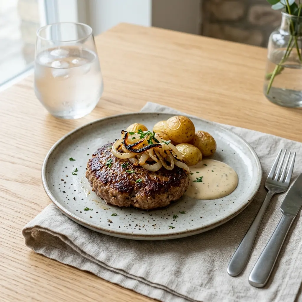 Receita de Bife de carne picada na frigideira pronta a servir como prato caseiro