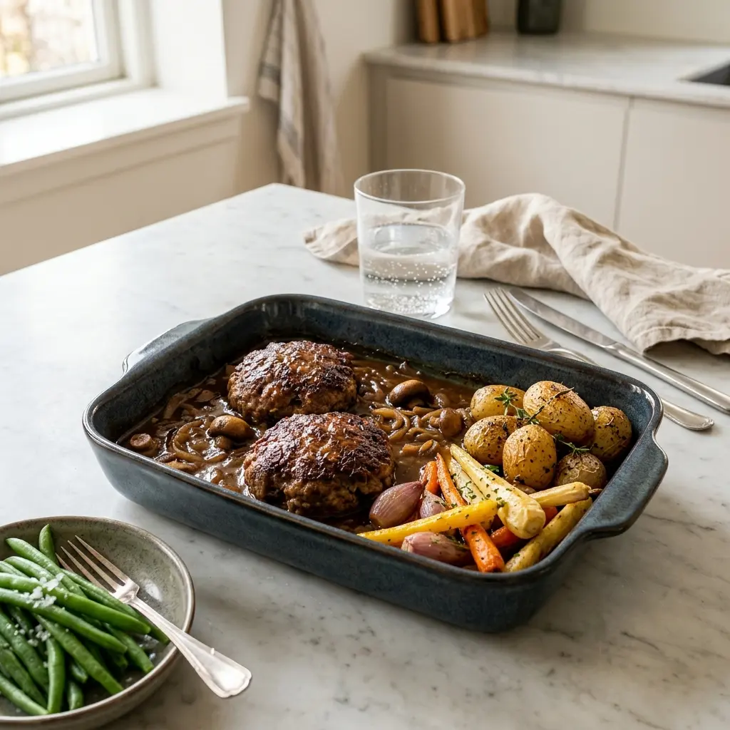 Receita de Bife de carne picada no forno pronta a servir como prato caseiro