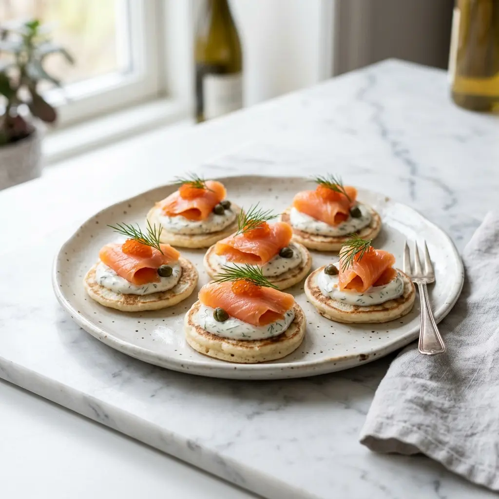 Receita de Blinis com salmão fumado pronta a servir como prato caseiro