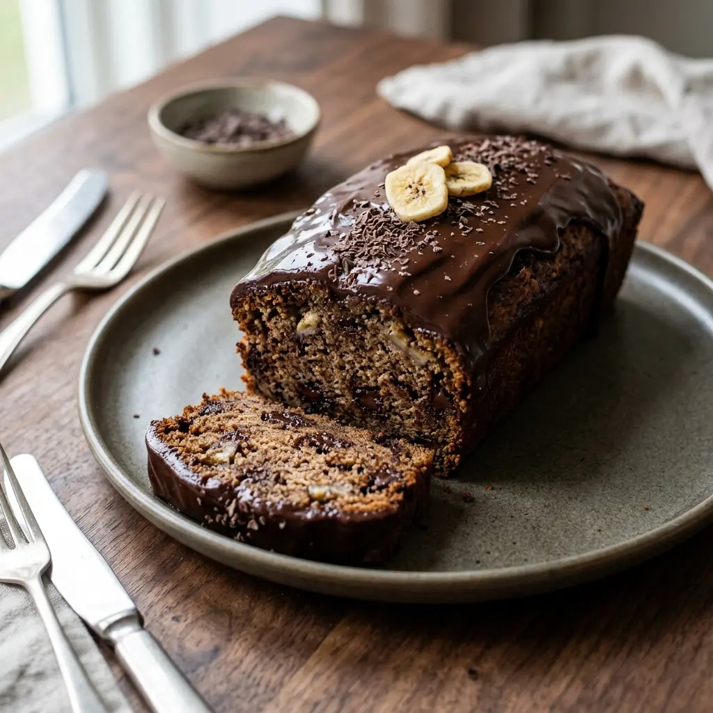 Receita de Bolo de banana com chocolate pronta a servir como sobremesa caseira