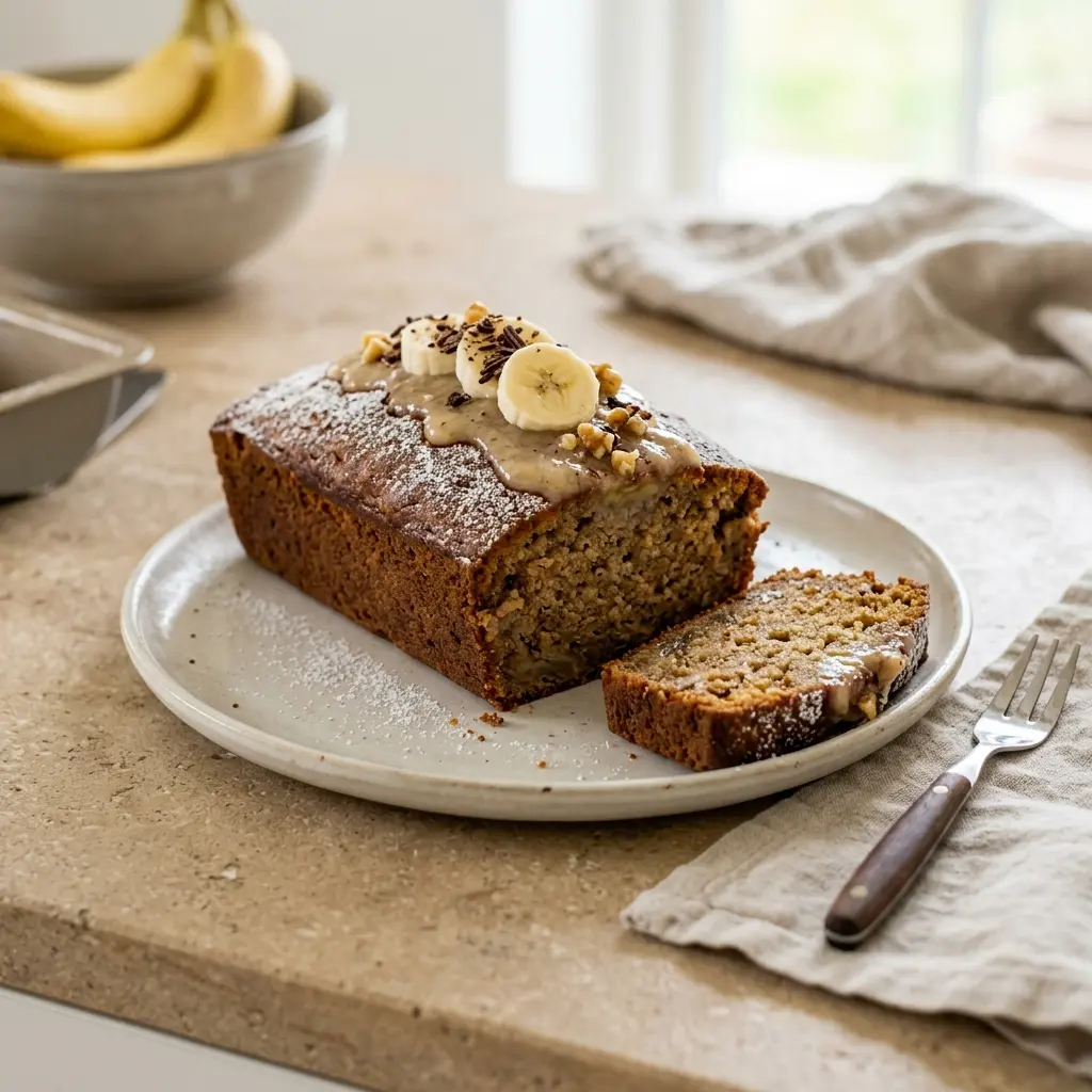 Receita de Bolo de banana pronta a servir como sobremesa caseira