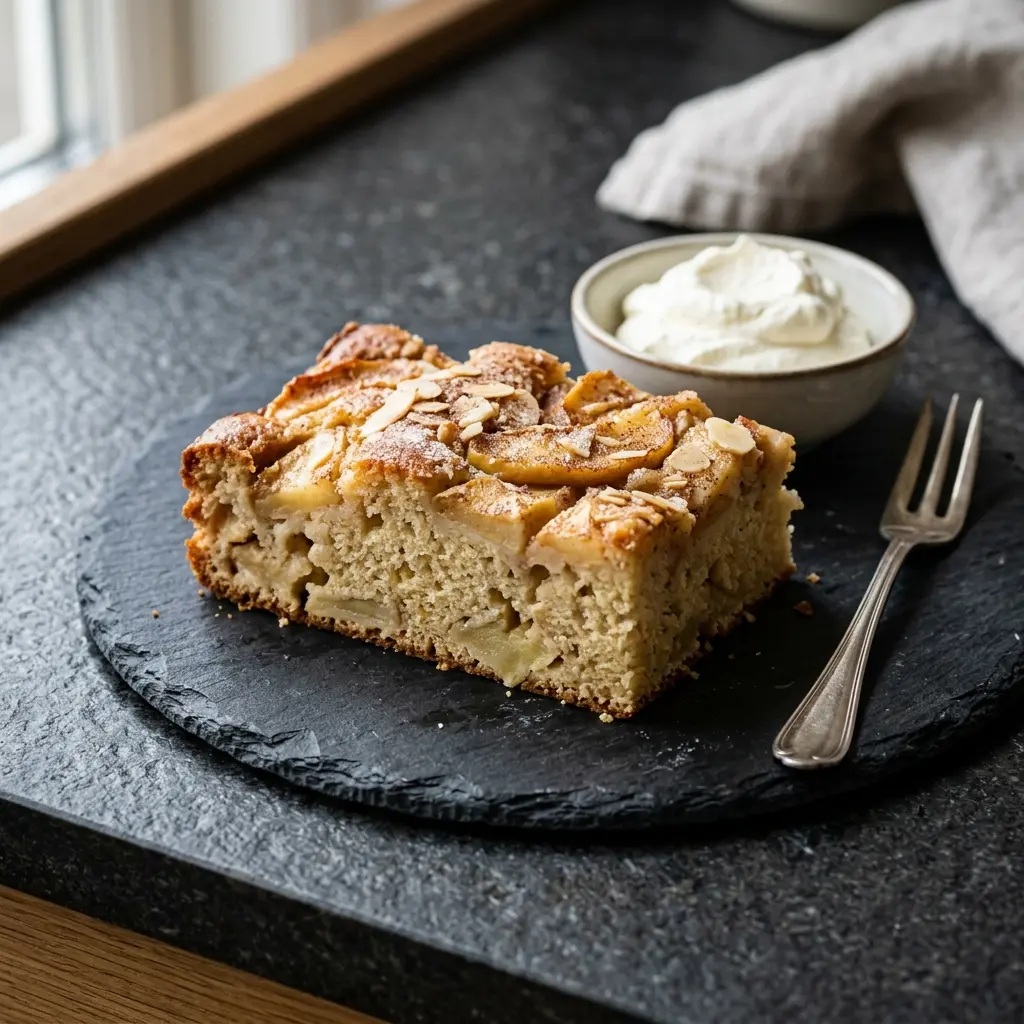 Receita de Bolo de tabuleiro com maçãs pronta a servir como sobremesa caseira