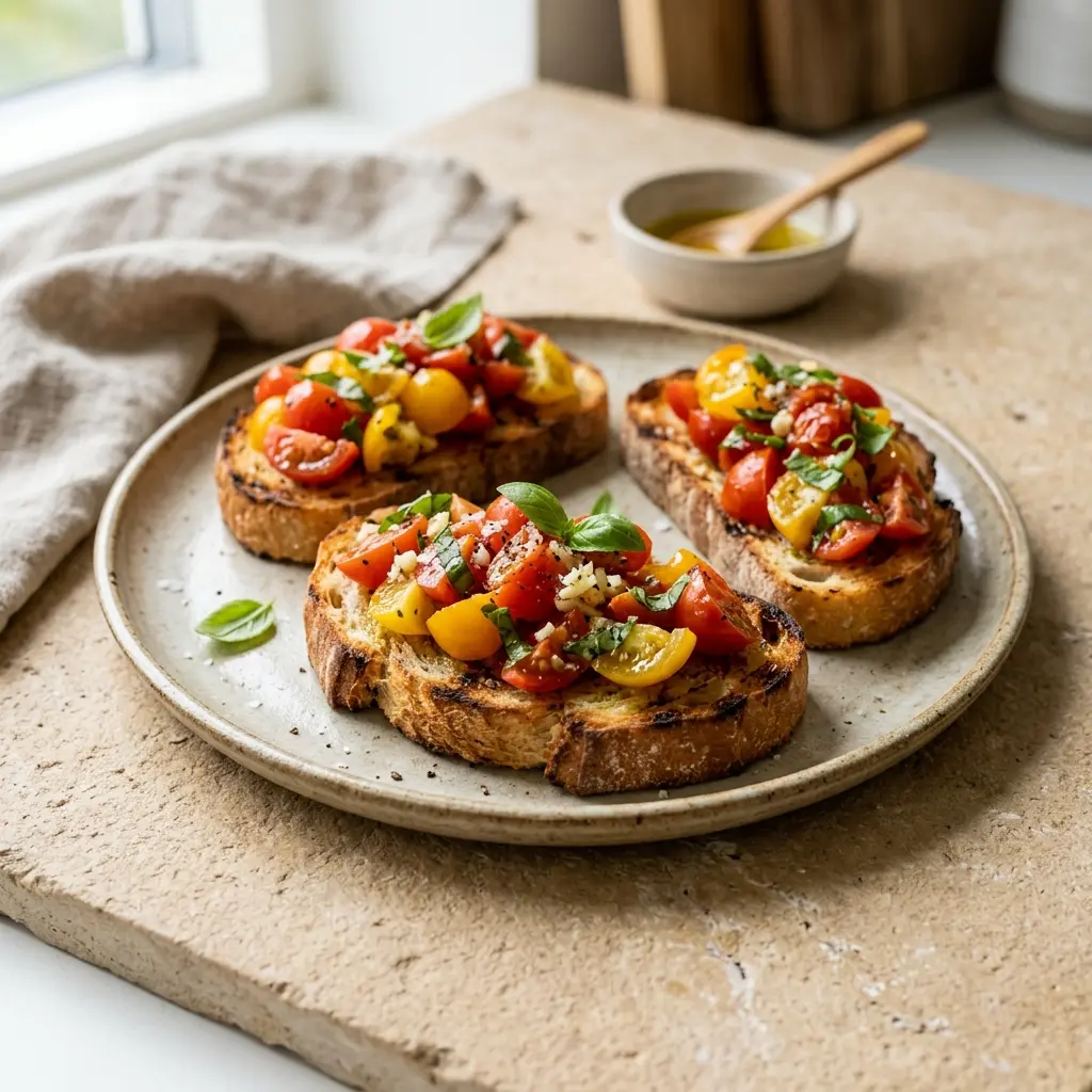 Receita de Bruschetta com tomate pronta a servir como prato caseiro