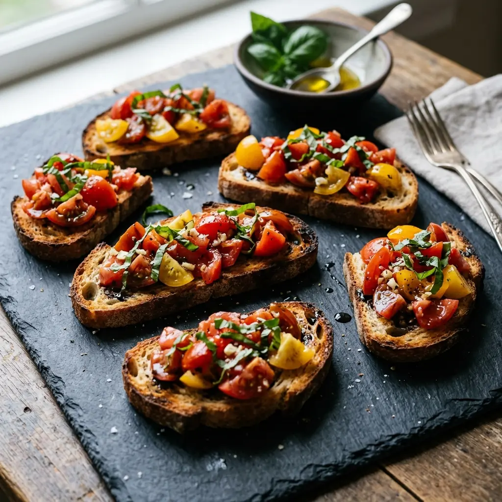 Receita de Bruschetta pronta a servir como prato caseiro