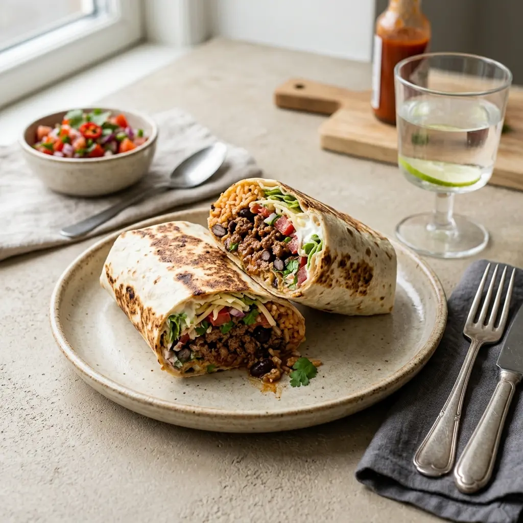 Burritos com carne de vaca cortados ao meio, com recheio de carne, feijão preto e queijo