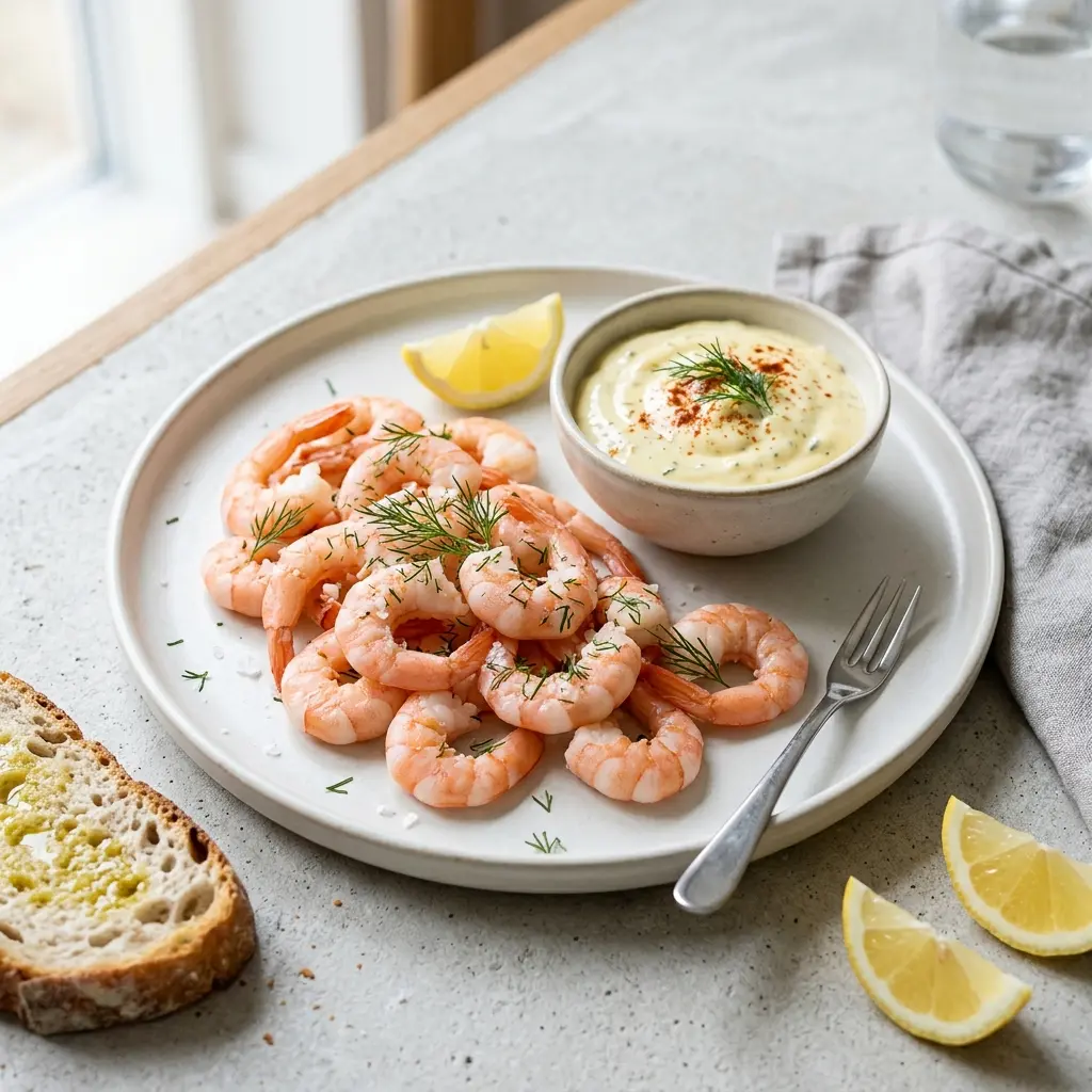 Receita de Camarões com aioli apresentada como molho ou acompanhamento