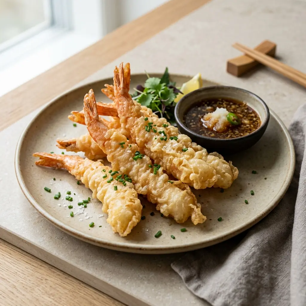 Receita de Camarões em tempura pronta a servir como prato caseiro