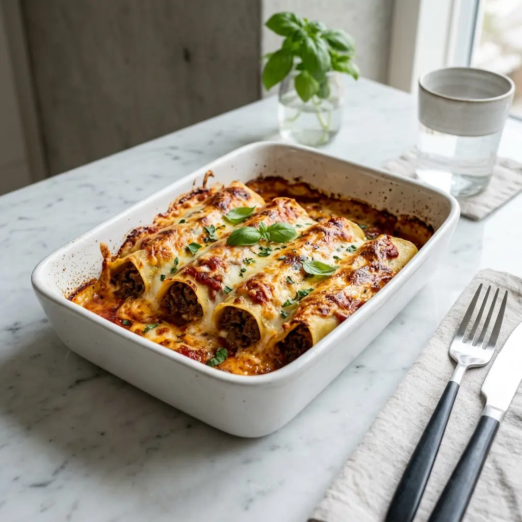 Receita de Cannelloni com carne de vaca pronta a servir como prato caseiro