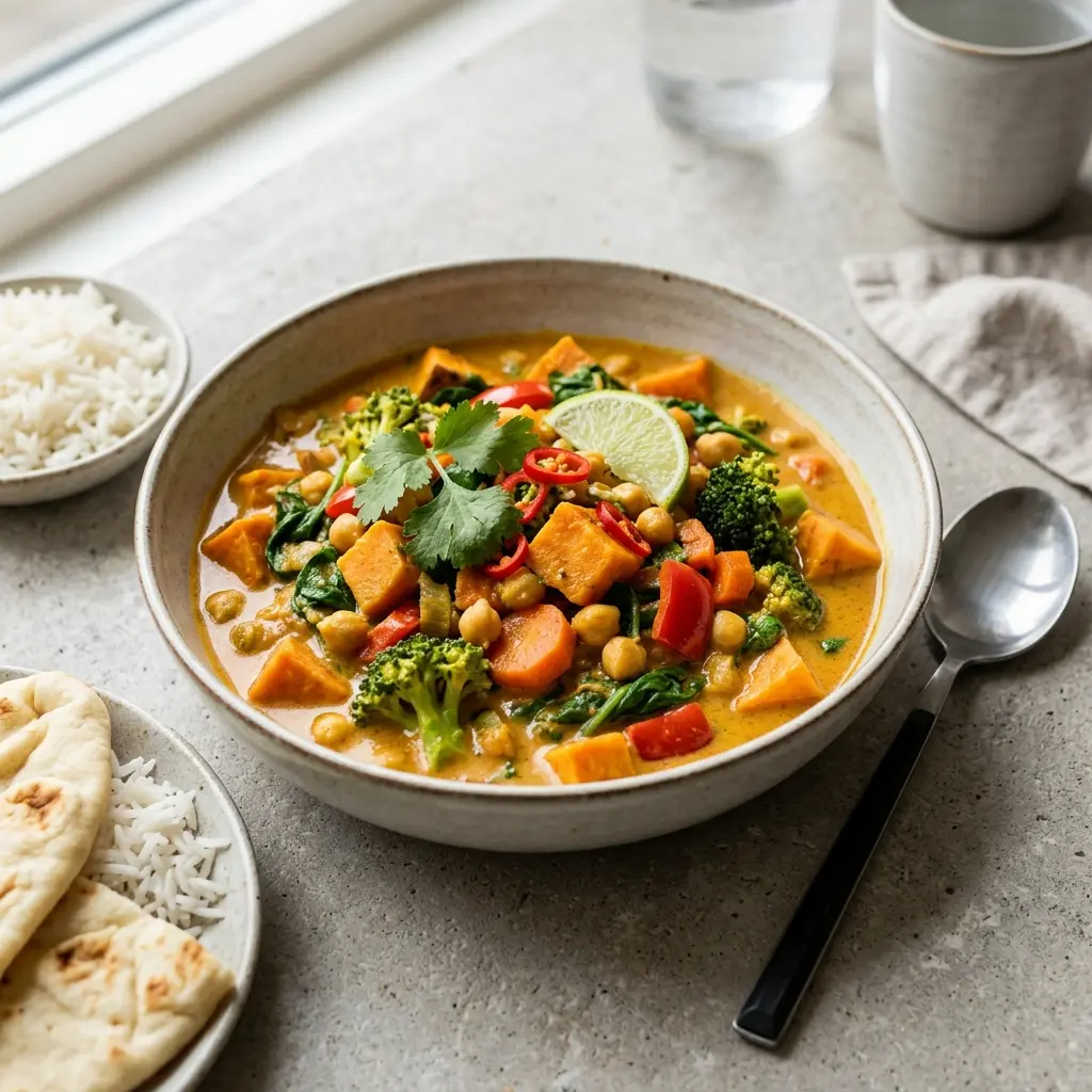 Receita de Caril de legumes pronta a servir como prato caseiro