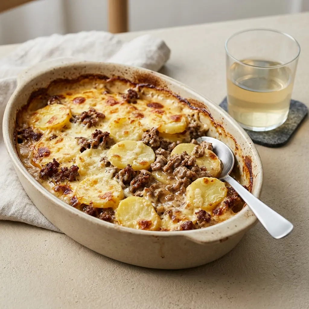 Receita de Carne de vaca no forno com batatas gratinadas com natas pronta a servir como prato caseiro