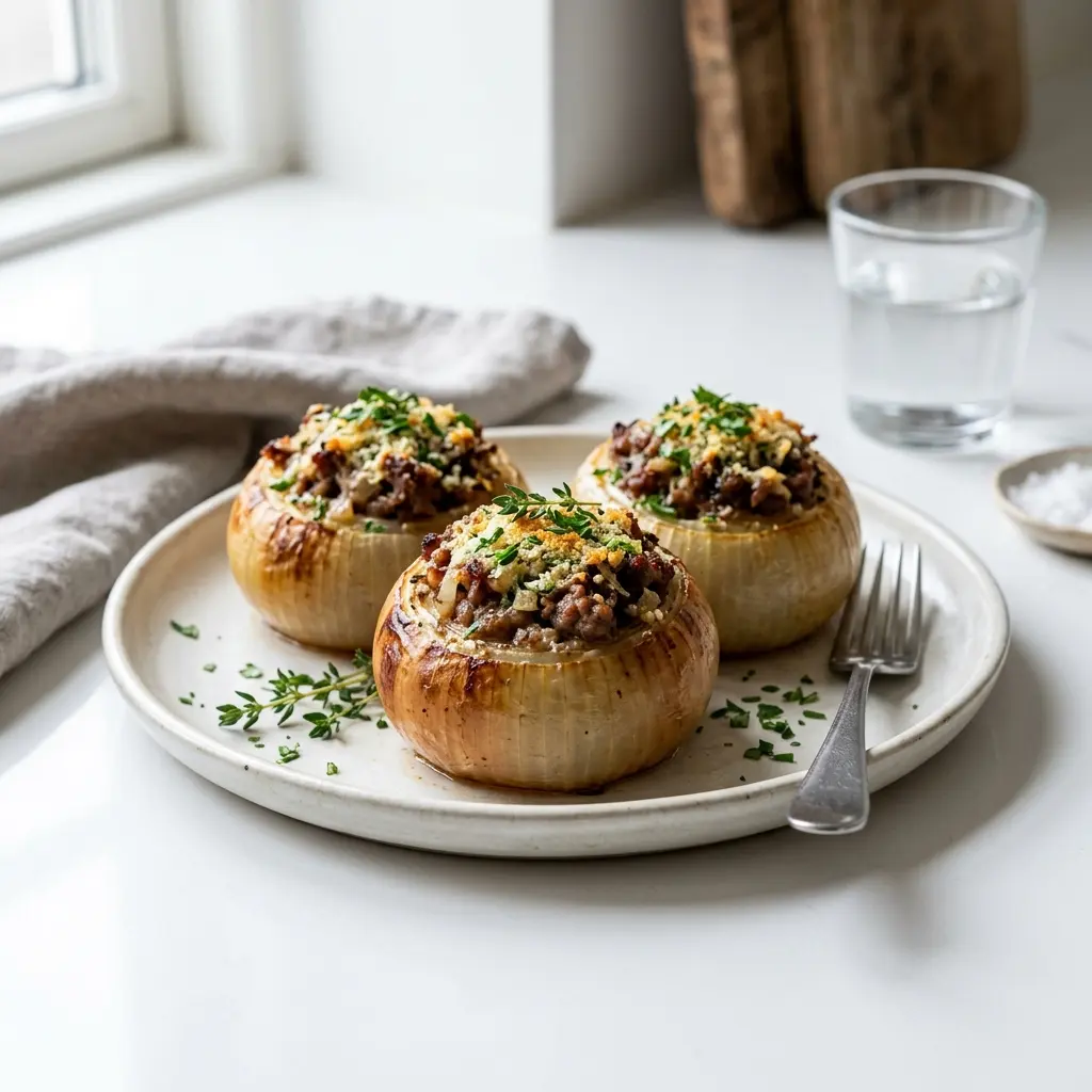 Receita de Cebolas recheadas com carne picada pronta a servir como prato caseiro