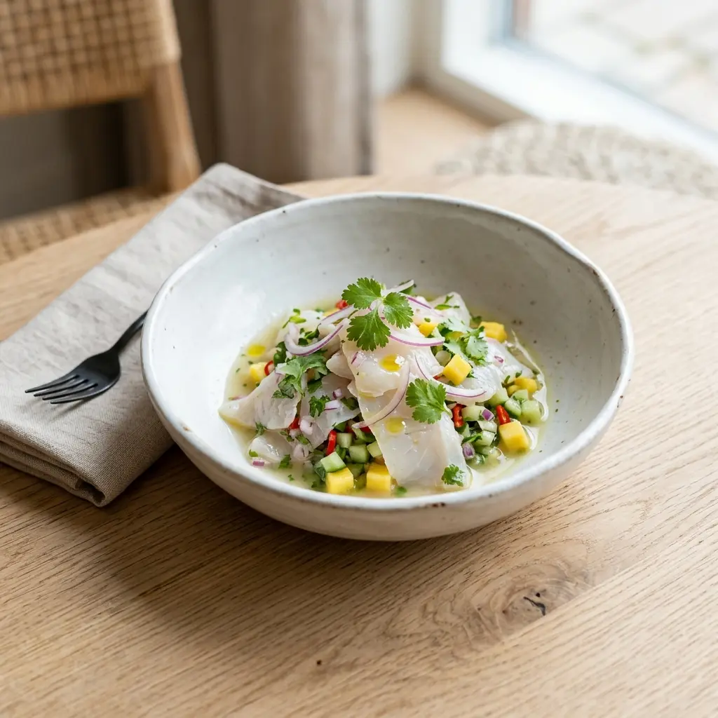 Receita de Ceviche de peixe-chato pronta a servir como prato caseiro