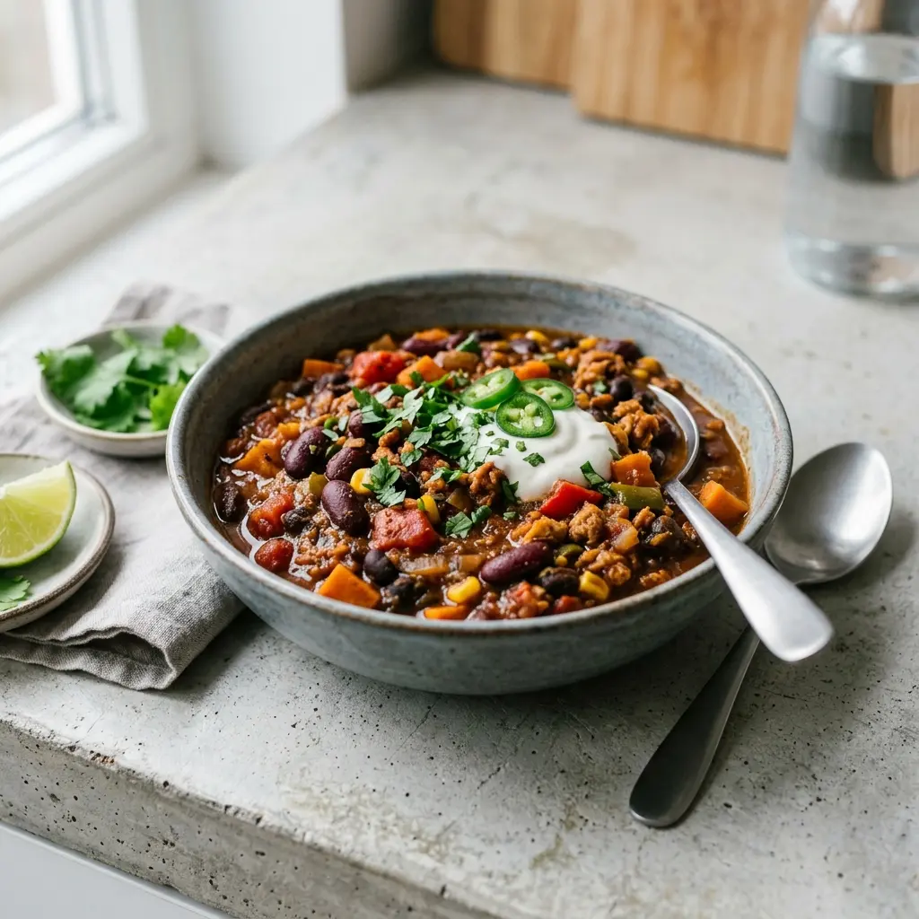 Receita de Chili sin carne pronta a servir como prato caseiro