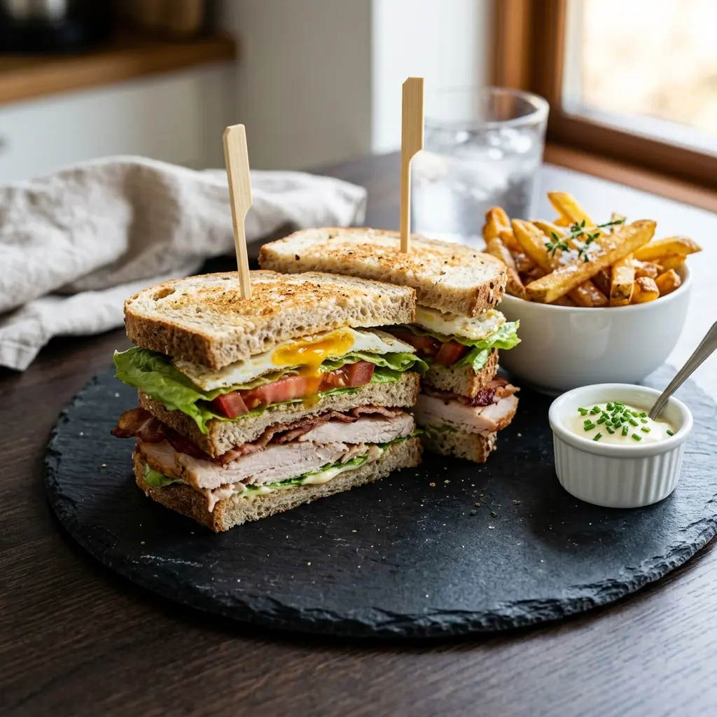 Receita de Club sandwich com peru pronta a servir como prato caseiro