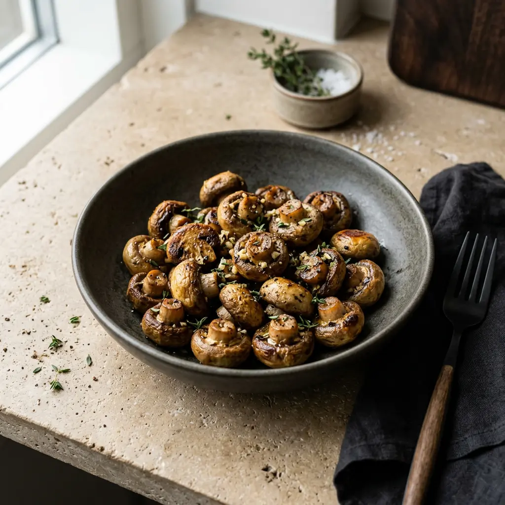 Foto de Cogumelos brancos na air fryer pronto na airfryer