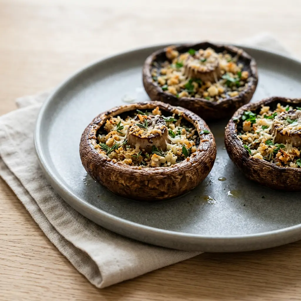 Cogumelos portobello na air fryer, dourados e temperados com alho e tomilho