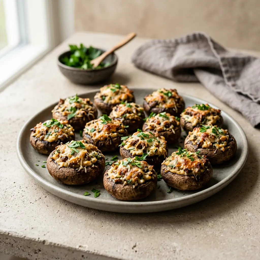 Foto de Cogumelos recheados na air fryer pronto na airfryer