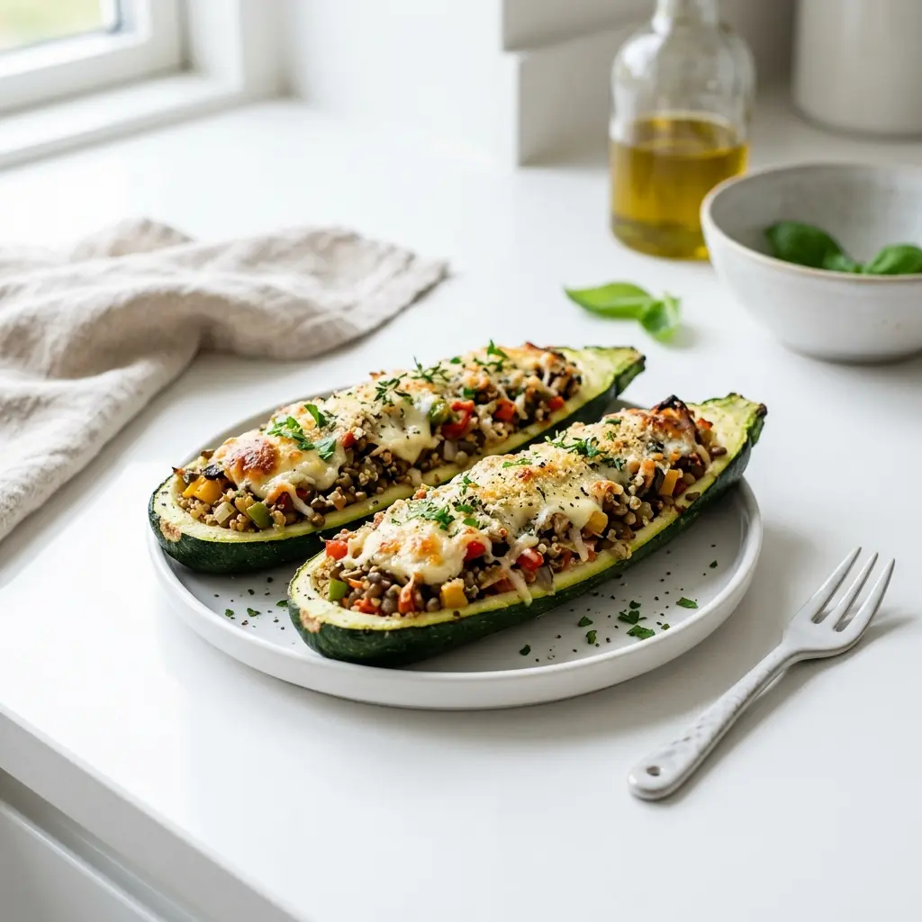 Receita de Courgette recheados vegetariano pronta a servir como prato caseiro