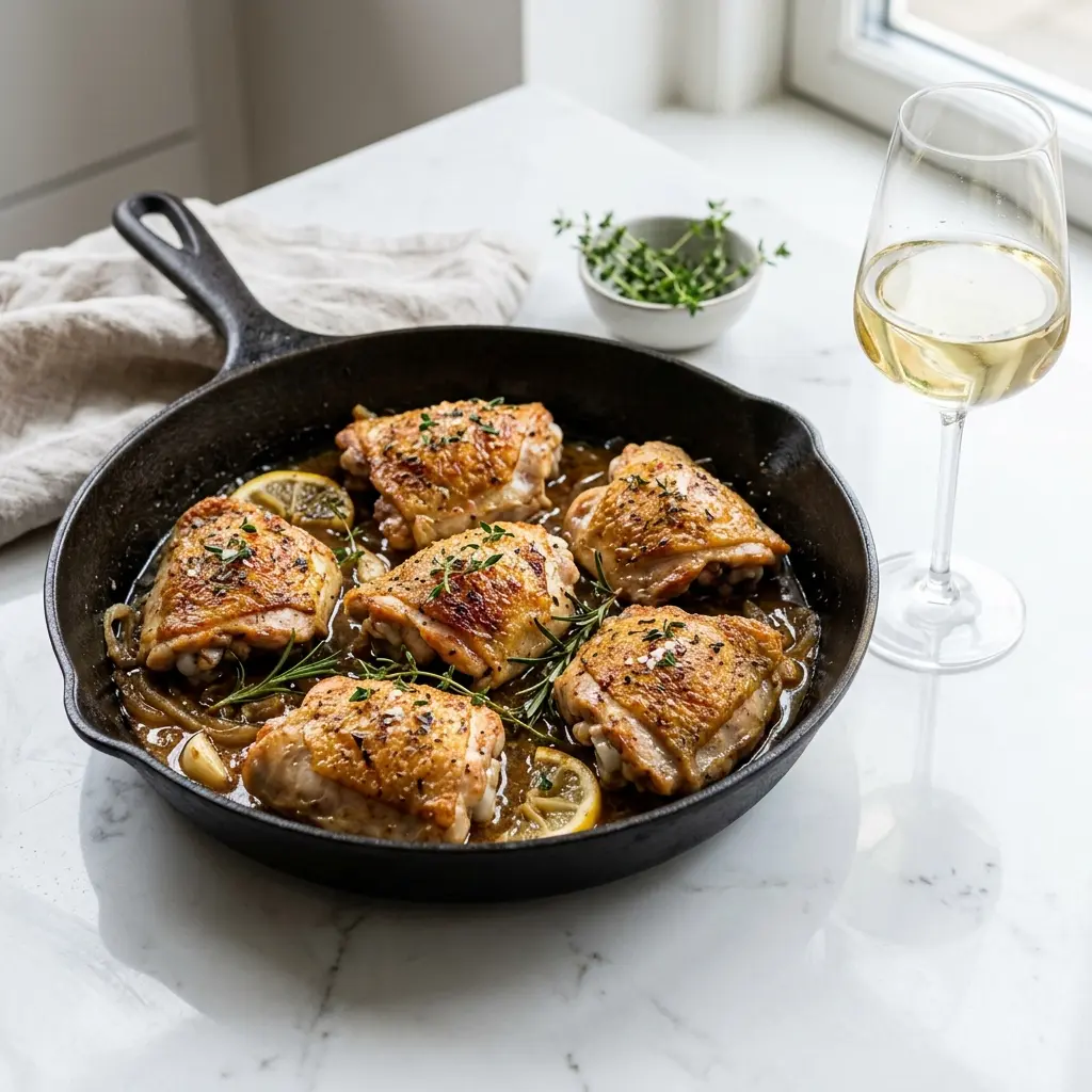 Receita de Coxas de frango na frigideira pronta a servir como prato caseiro