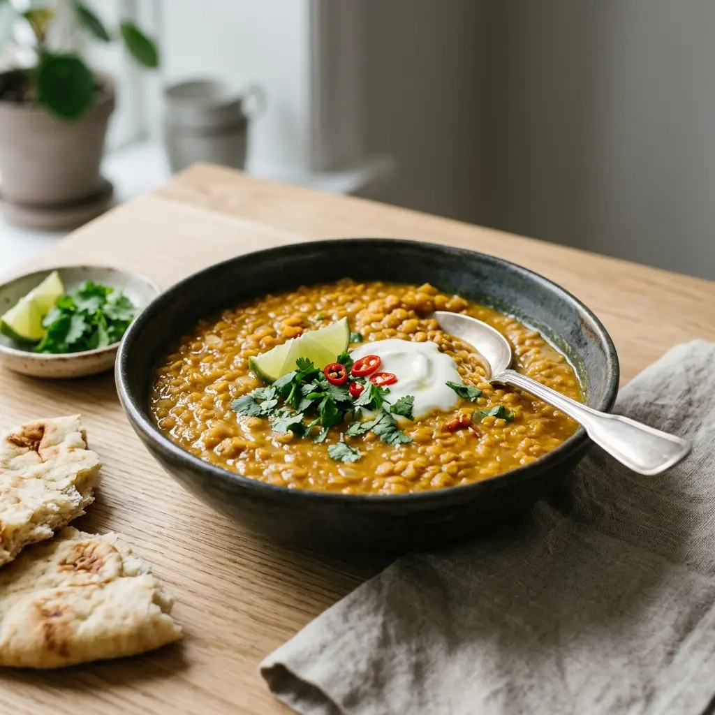 Dal de lentilhas vermelhas cremoso numa taça, com arroz basmati ao lado