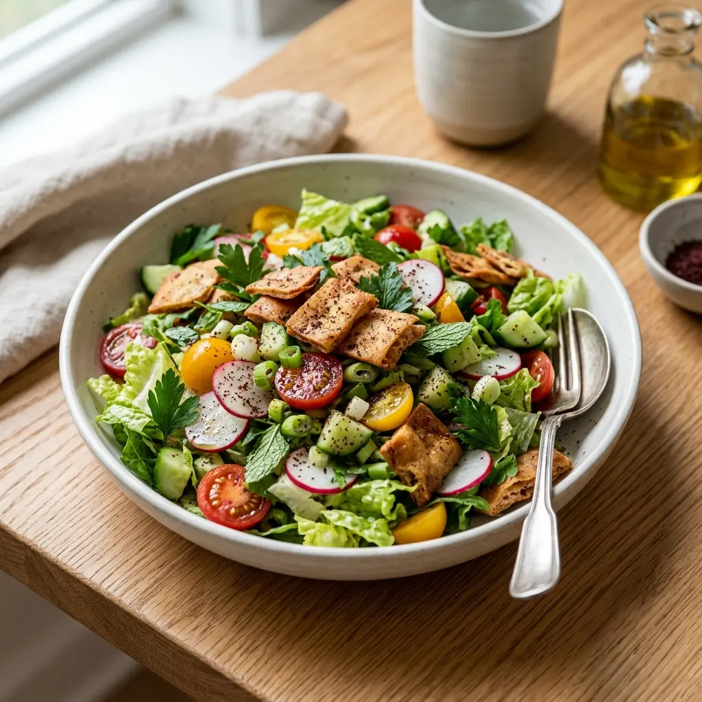 Receita de Fattoush pronta a servir como prato caseiro