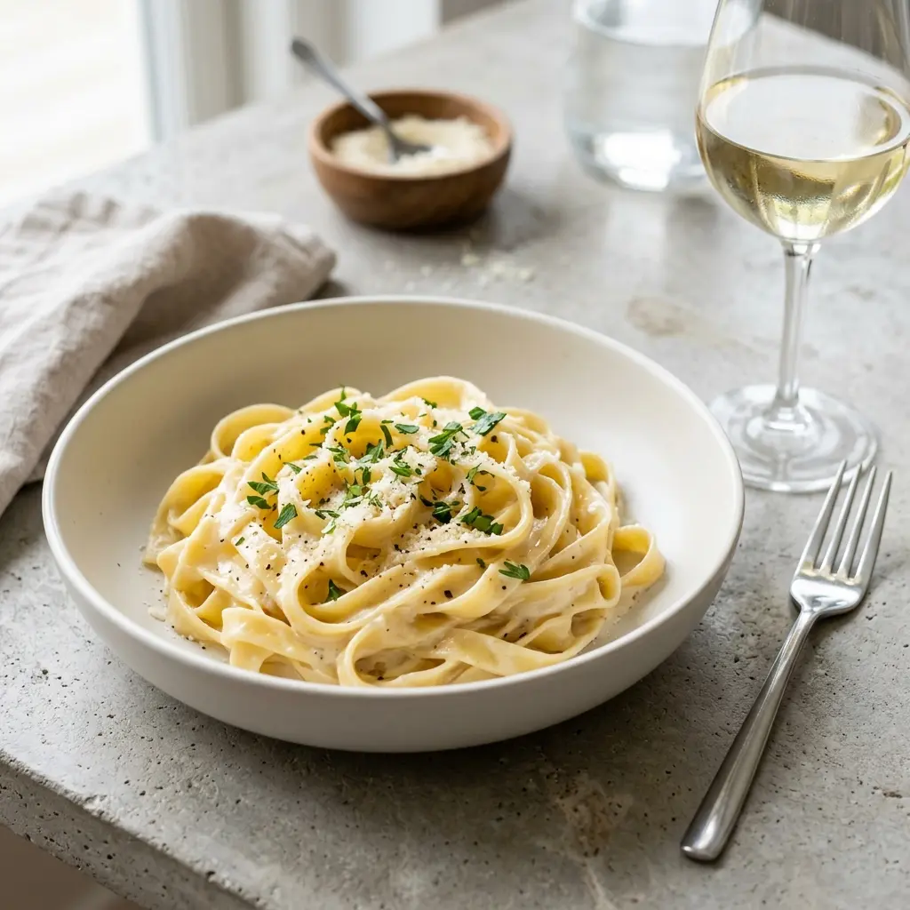 Receita de Fettuccine Alfredo pronta a servir como prato caseiro
