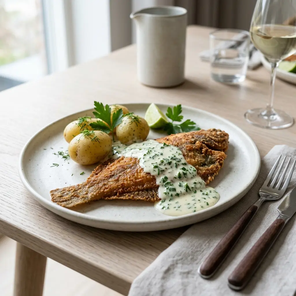 Receita de Filete de solha com molho de salsa apresentada como molho ou acompanhamento